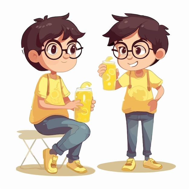 Menino com uma ilustração vetorial de limonada refrescante, criança multipose