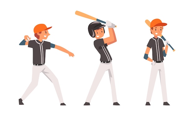 Menino como jogador de beisebol em campo de esporte jogando batandball Jogo Vector Set