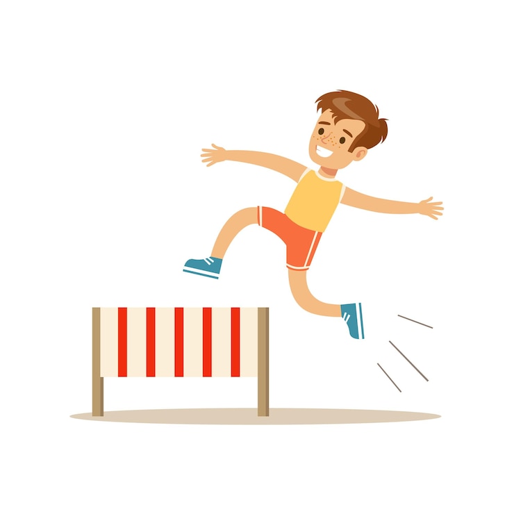 Vetor menino de corrida com barreiras, praticando diferentes esportes e atividades físicas na aula de educação física
