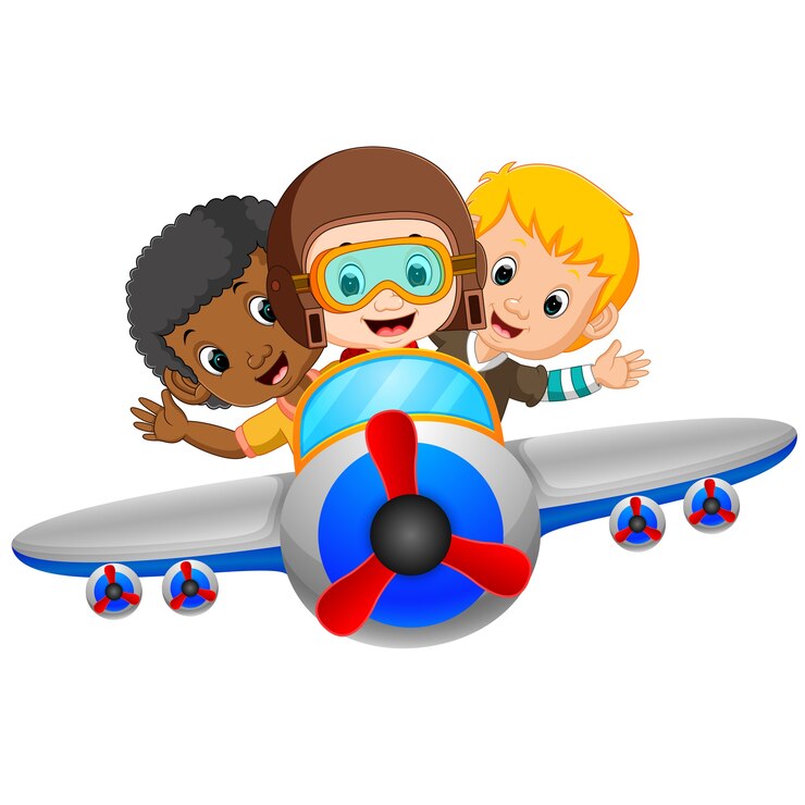 menino de desenho animado andando de avião a voar