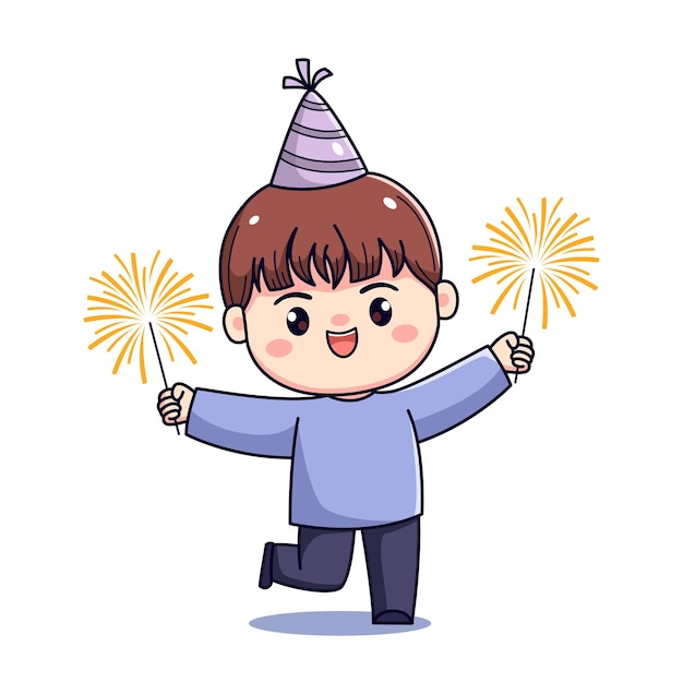 Menino de desenho animado bonito comemorando ano novo ou festa de aniversário chibi kawaii