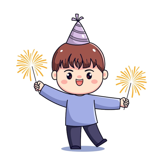 Menino de desenho animado bonito comemorando ano novo ou festa de aniversário chibi kawaii