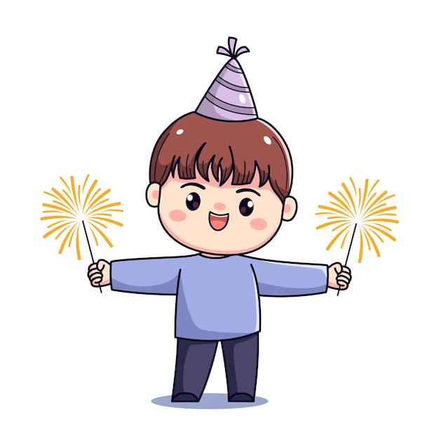 Menino de desenho animado bonito comemorando ano novo ou festa de aniversário chibi kawaii