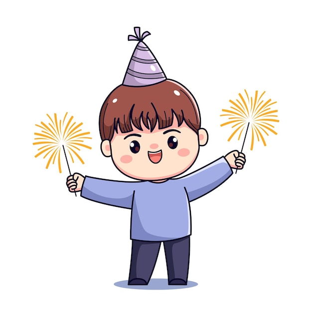 Menino de desenho animado bonito comemorando ano novo ou festa de aniversário chibi kawaii