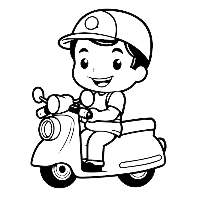 Menino de desenho animado bonito montando uma scooter ilustração vetorial isolada em fundo branco