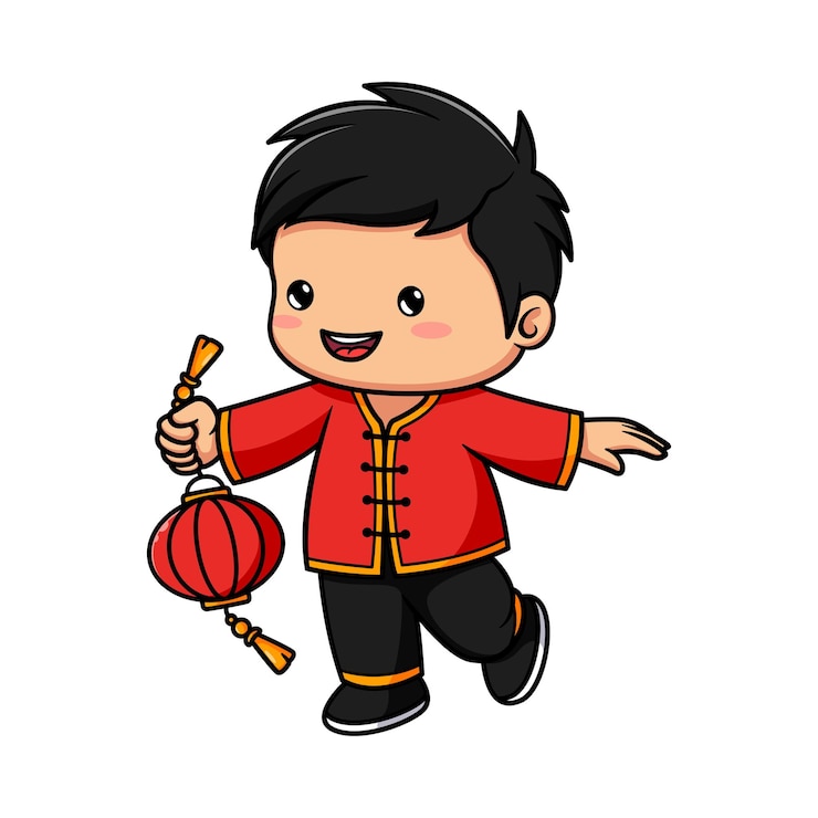 Vetor menino de desenho animado celebrando o ano novo chinês segurando uma lanterna
