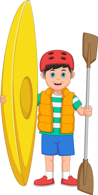 Menino de desenho animado com equipamento de canoa