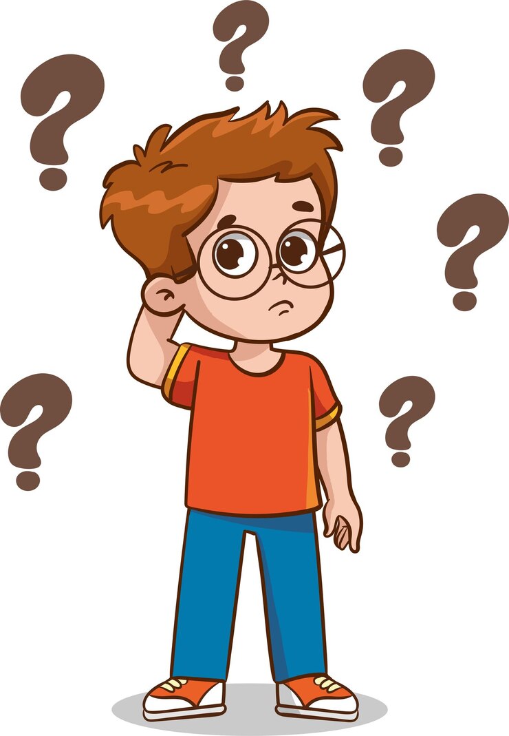 Vetor menino de desenho animado com pontos de interrogação na ilustração vetorial de fundo branco