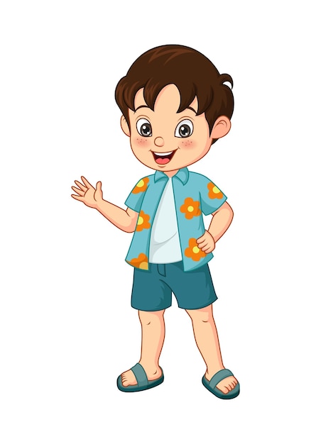 Menino de desenho animado com roupa de verão acenando com a mão