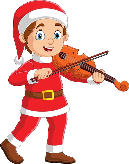 Menino de desenho animado com roupas vermelhas de papai noel tocando violino