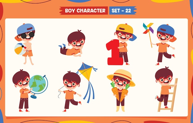 Menino de desenho animado fazendo várias atividades