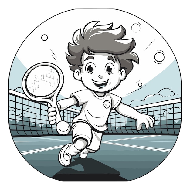 Vetor menino de desenho animado jogando tênis em uma quadra de tênis