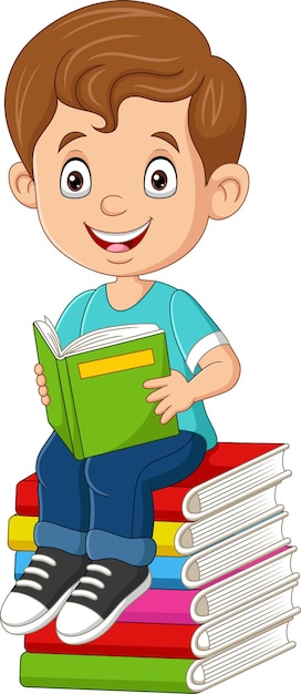 Vetor menino de desenho animado lendo um livro na pilha de livros