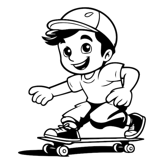 Menino de desenho animado montando um skate ilustração vetorial isolada em fundo branco