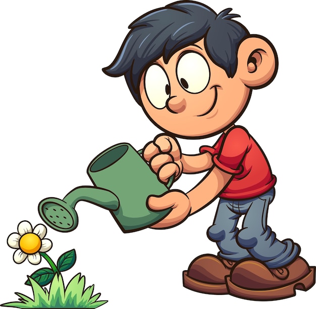 Vetor menino de desenho animado regando uma flor