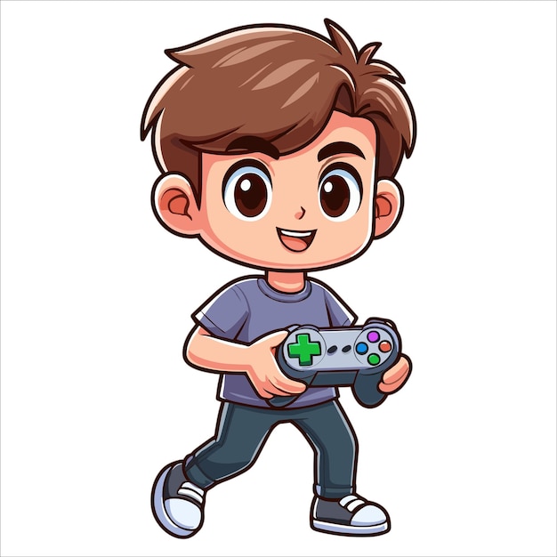 Menino de desenho animado segurando uma ilustração vetorial de gamepad de jogo em fundo branco