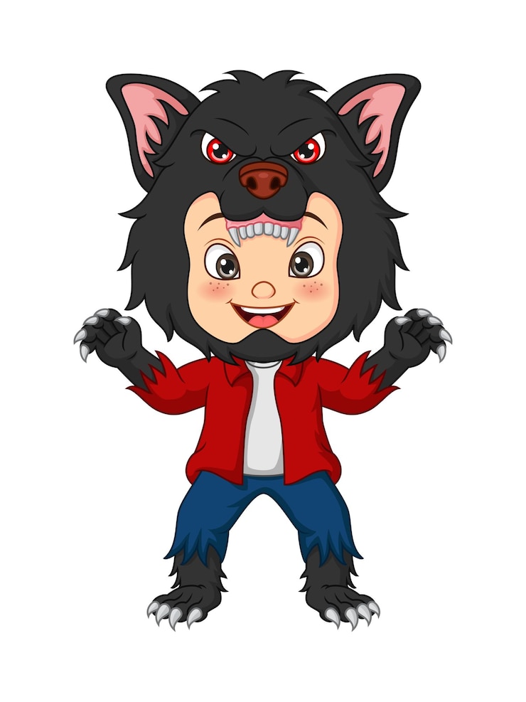 Vetor menino de desenho animado usando fantasia de lobisomem para comemorar o dia das bruxas
