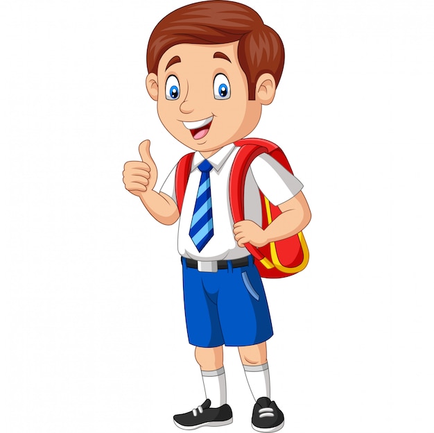 Vetor menino de escola feliz dos desenhos animados no uniforme que dá um polegar acima