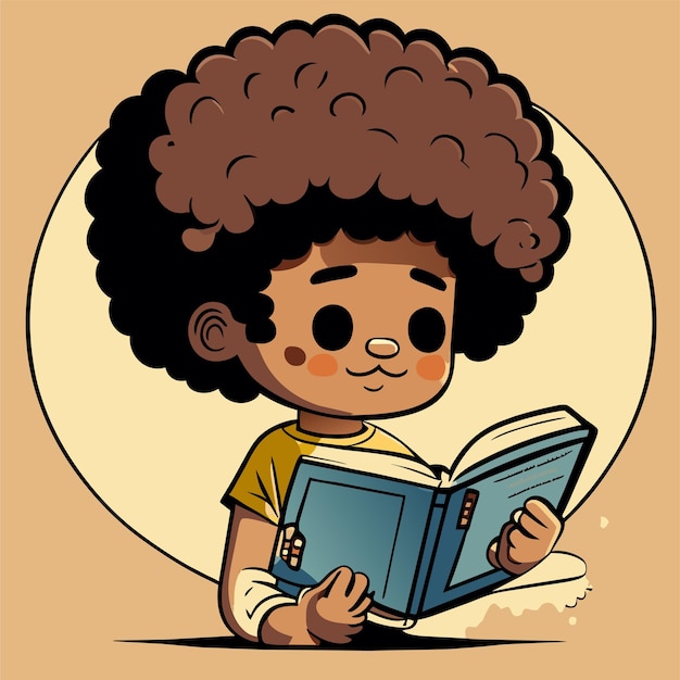 Menino de escola lendo um livro desenhado à mão plano elegante adesivo de desenho animado conceito de ícone isolado