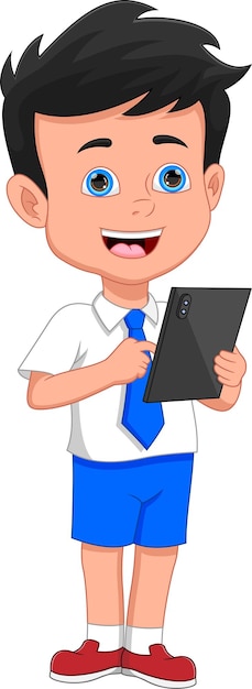 Vetor menino de escola segurando o tablet do telefone no fundo branco