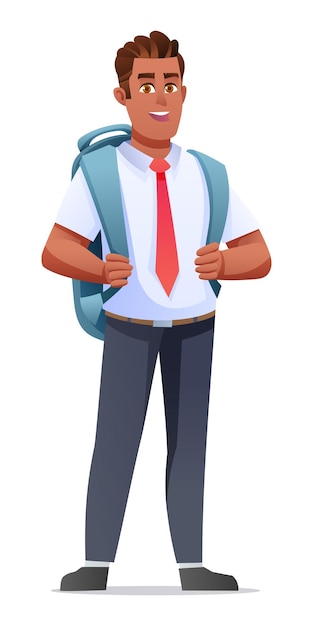 Menino de escola vestindo ilustração de personagem de desenho animado de uniforme e mochila