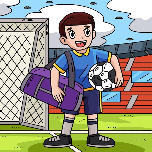 Vetor menino de futebol com saco de esportes desenho animado colorido