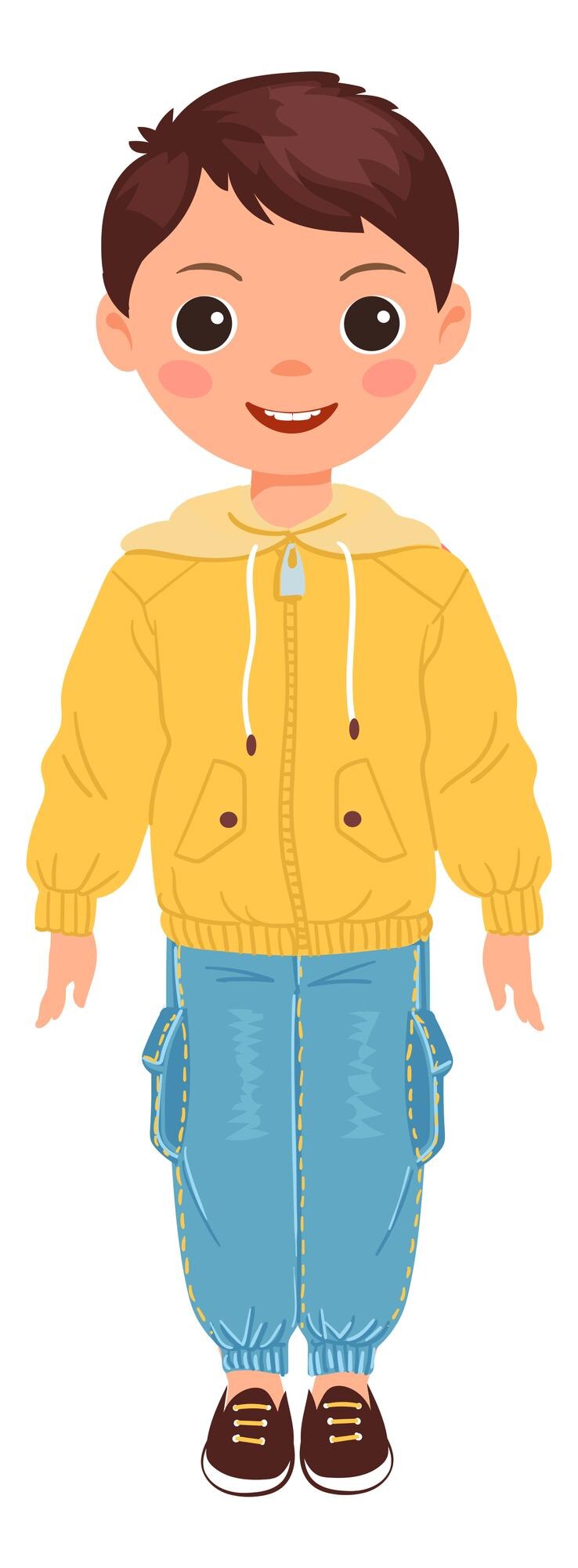 Vetor menino de jaqueta e jeans roupa infantil casual moda infantil