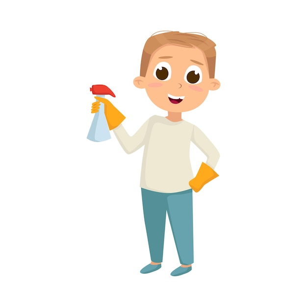 Menino de olhos grandes de pé com luvas e ilustração vetorial de detergente doméstico