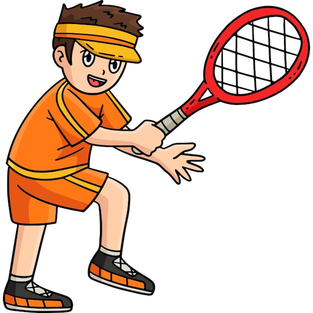 Menino de tênis pronto para bater na bola Clipart de desenho animado
