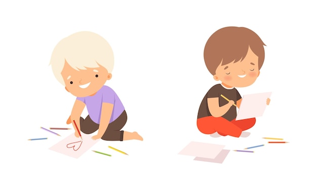 Menino desenhando em papel com lápis colorido sentado no conjunto de vetores do chão