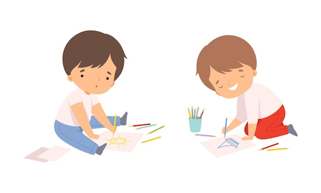 Menino desenhando em papel com lápis colorido sentado no conjunto de vetores do chão