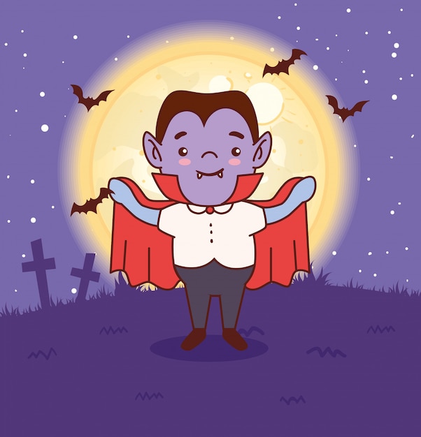 Menino disfarçado de conde drácula para feliz dia das bruxas na noite escura ilustração vetorial