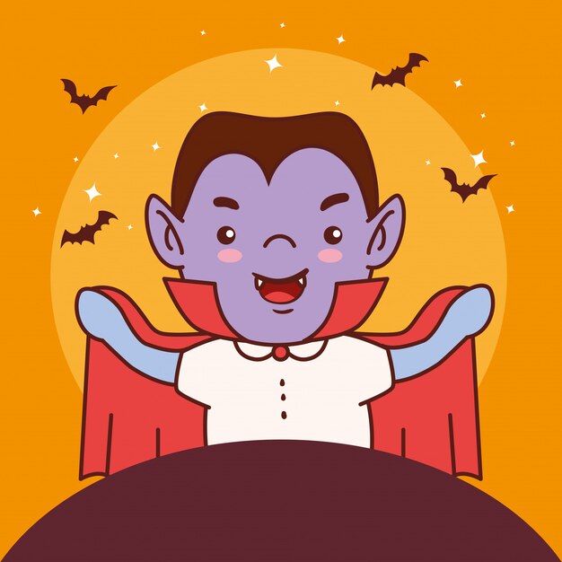 Menino disfarçado de conde drácula para feliz festa de halloween ilustração vetorial design