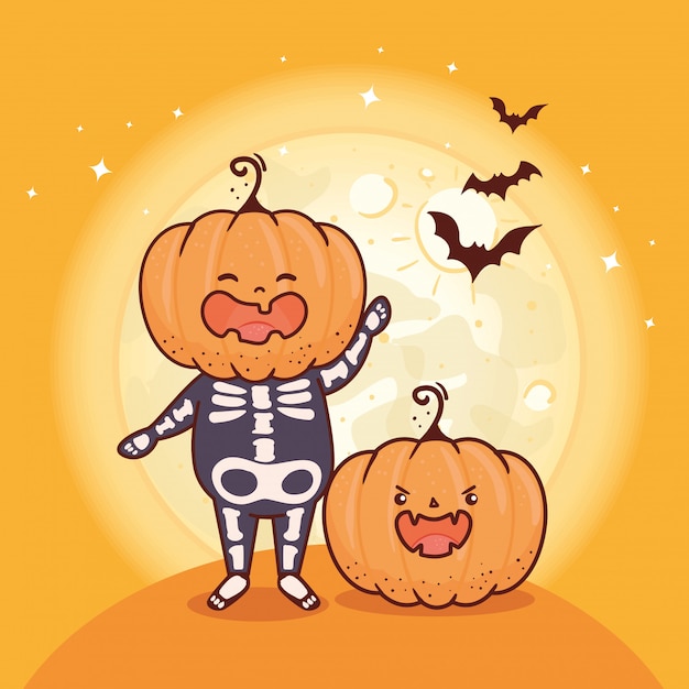 Menino disfarçado de esqueleto com cabeça de abóbora para a feliz celebração de halloween com morcegos voando design de ilustração vetorial