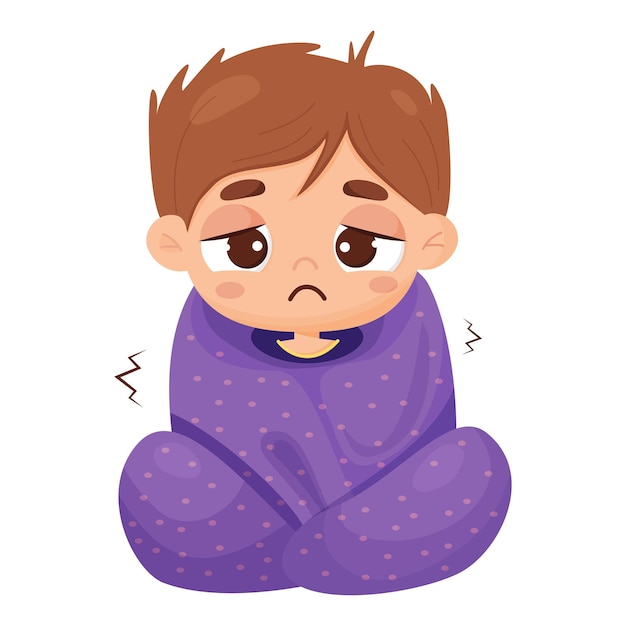 Menino doente envolto em cobertor treme em estilo cartoon personagem infantil triste