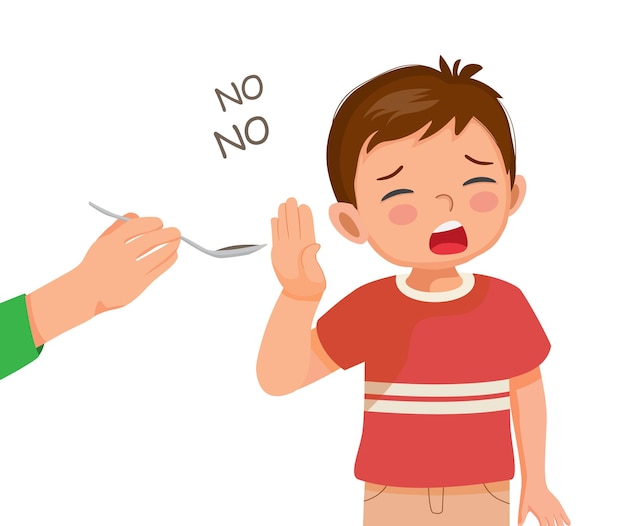 Vetor menino doente se recusa a tomar remédios que sua mãe dá cobrindo a boca com as mãos