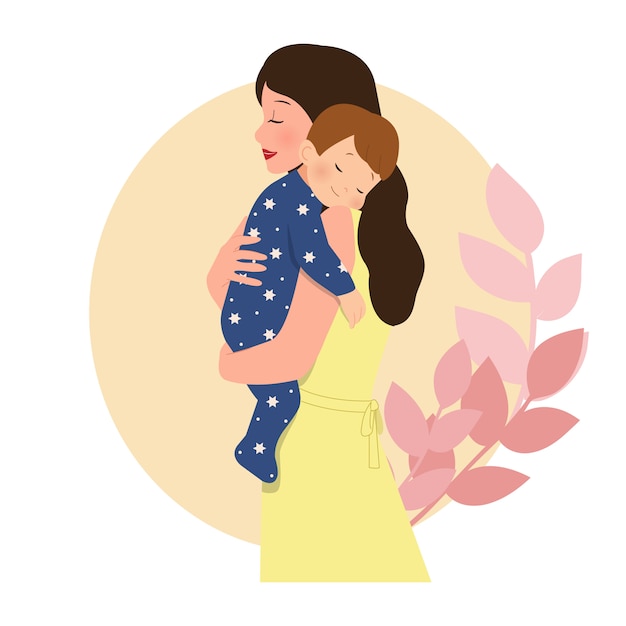 Menino dormindo no braço da mãe. Mãe e bebê abraçando. Paternidade. Design de estilo plano vector isolado no branco.