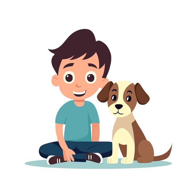 Menino e cachorro adorável personagem de desenho animado ilustração vetorial isolado no fundo branco