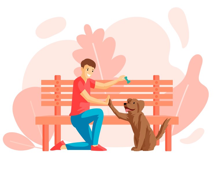 Vetor menino e filhote de cachorro sentado perto de ilustração plana de banco de parque. jovem e amigo de quatro patas ao ar livre juntos, dono do cão com personagem de desenho animado. amizade, carinho, sensação de calor