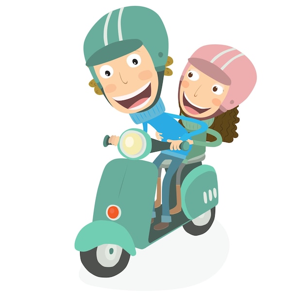 Menino e menina a conduzir uma scooter Ilustração vetorial