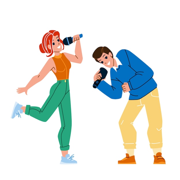 Menino e menina adolescentes cantando no karaokê vector