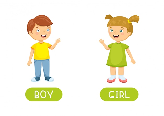 Menino e menina Antônimos de vetor e opostos. Ilustração de personagens de desenhos animados