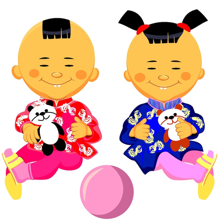 Vetor menino e menina chineses em trajes nacionais e segurando um panda de brinquedo