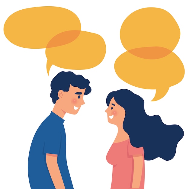 menino e menina como um casal conversar um com o outro com palavras de bolha