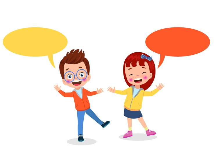 Vetor menino e menina conversando e conversando com balões de fala
