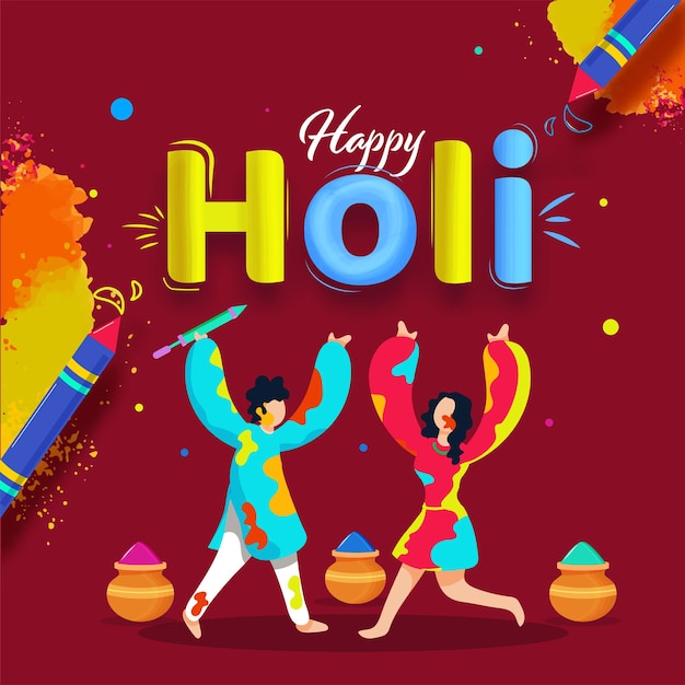 Menino e menina de desenho animado celebrando Holi juntos