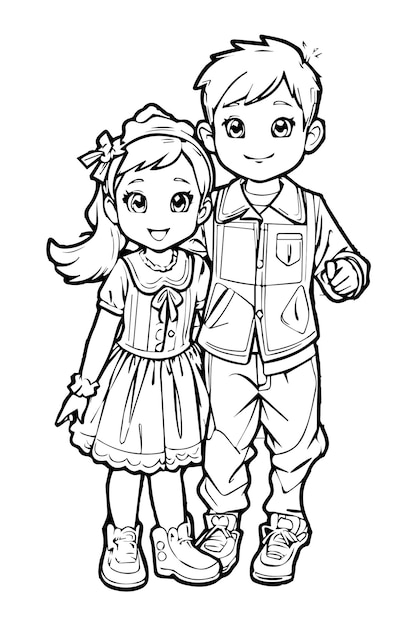 Menino e menina desenhando o esboço do livro de colorir preto e branco das crianças