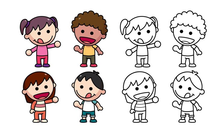Vetor menino e menina dos desenhos animados com expressões diferentes conjunto de vetores de crianças desenhos animados bonitos e personagens