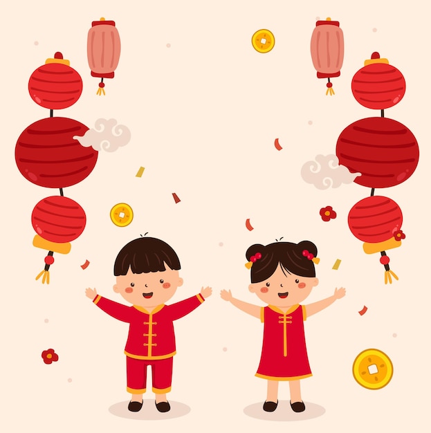 Vetor menino e menina estão comemorando o ano novo chinês com fundo de lanterna festiva tradicional chinesa