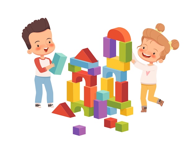 Menino e menina estão sorrindo e construindo uma torre de blocos infantis. as crianças brincam juntas de forma amigável e divertida. isolado em um fundo branco.